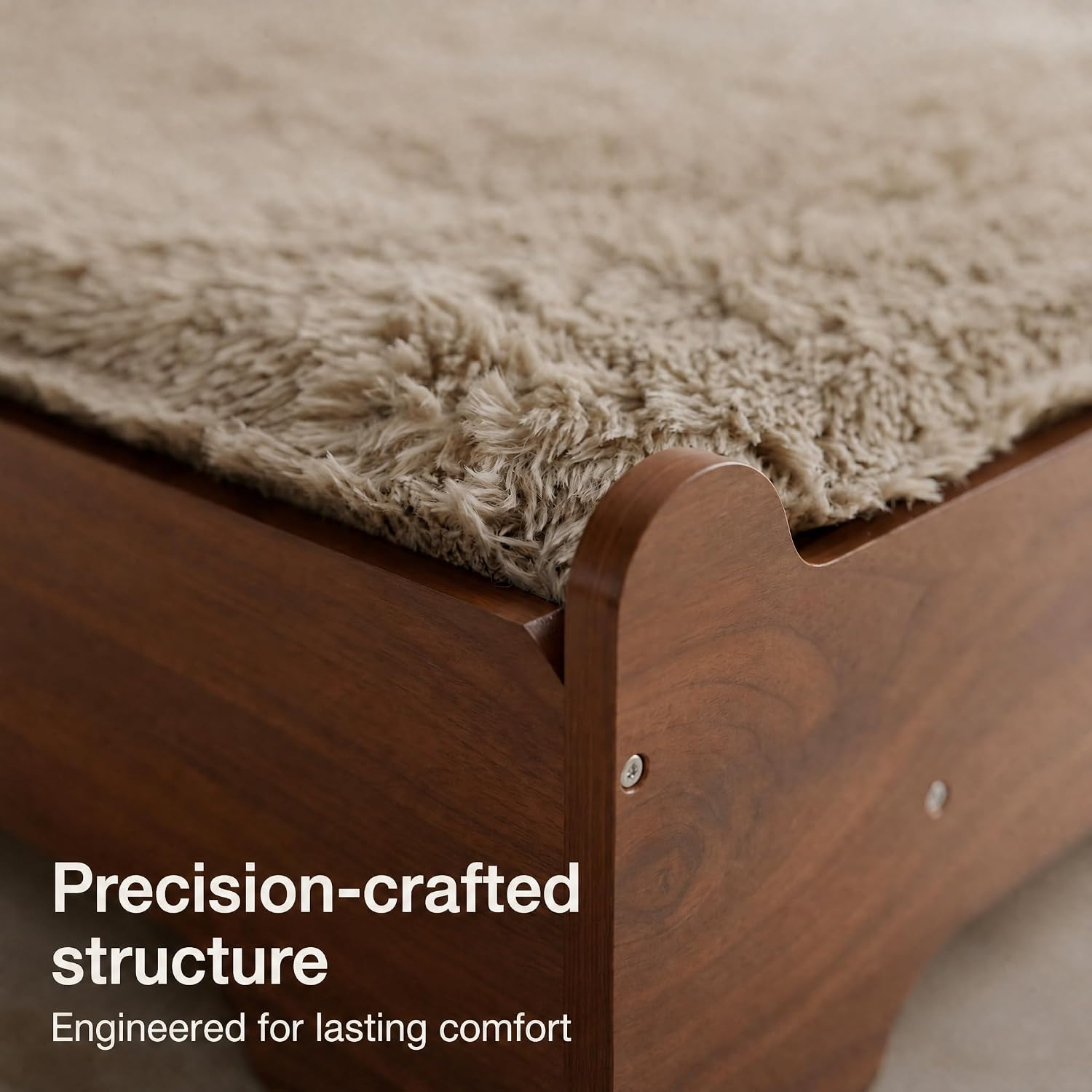 Walnut elevated wooden dog bed with memory foam mattress and washable cover, designed for large and senior dogs — view 5a