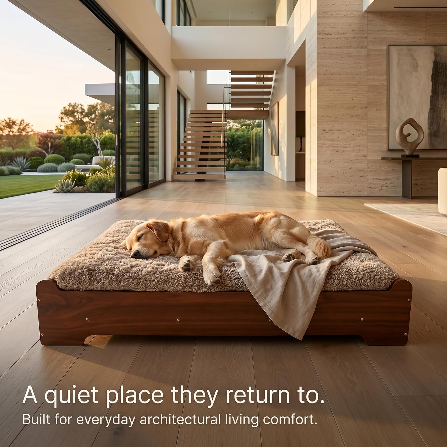 Walnut elevated wooden dog bed with memory foam mattress and washable cover, designed for large and senior dogs — view 5b