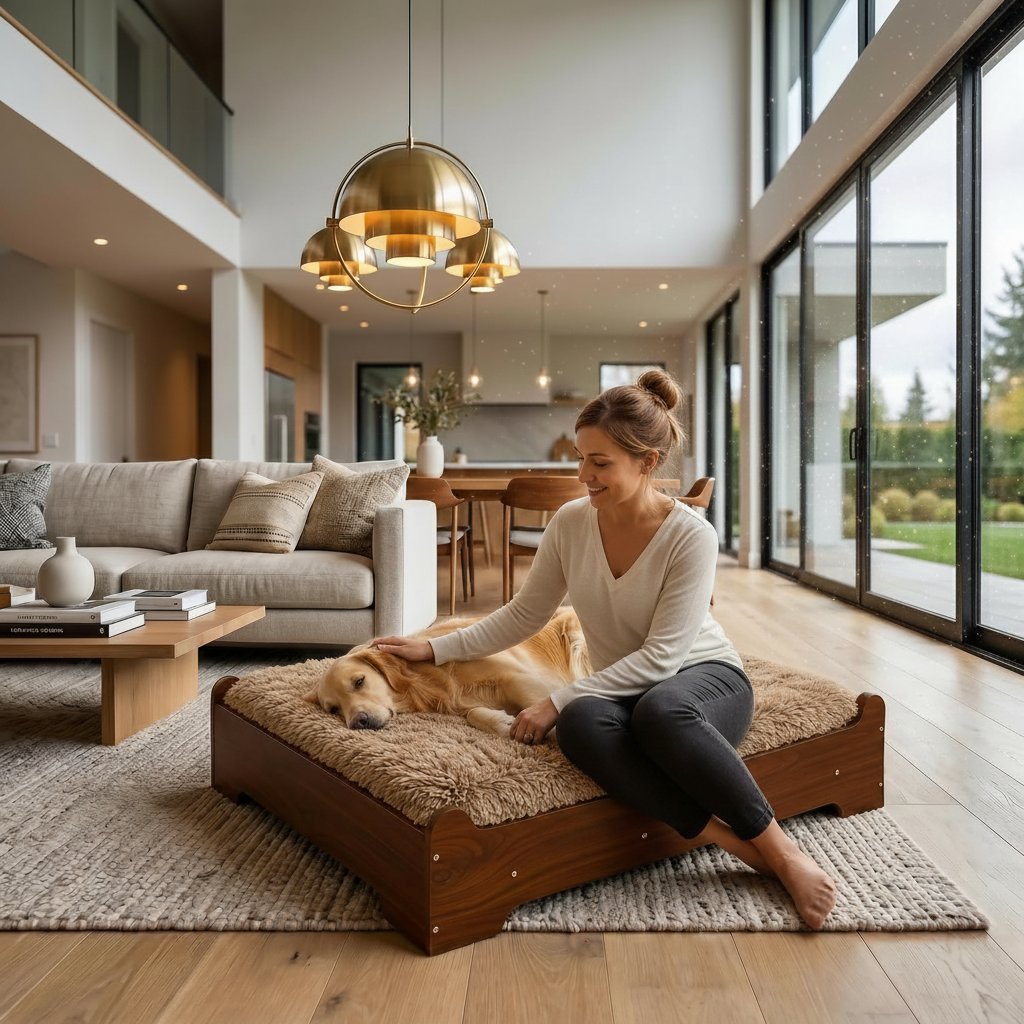 Walnut elevated wooden dog bed with memory foam mattress and washable cover, designed for large and senior dogs — view 1
