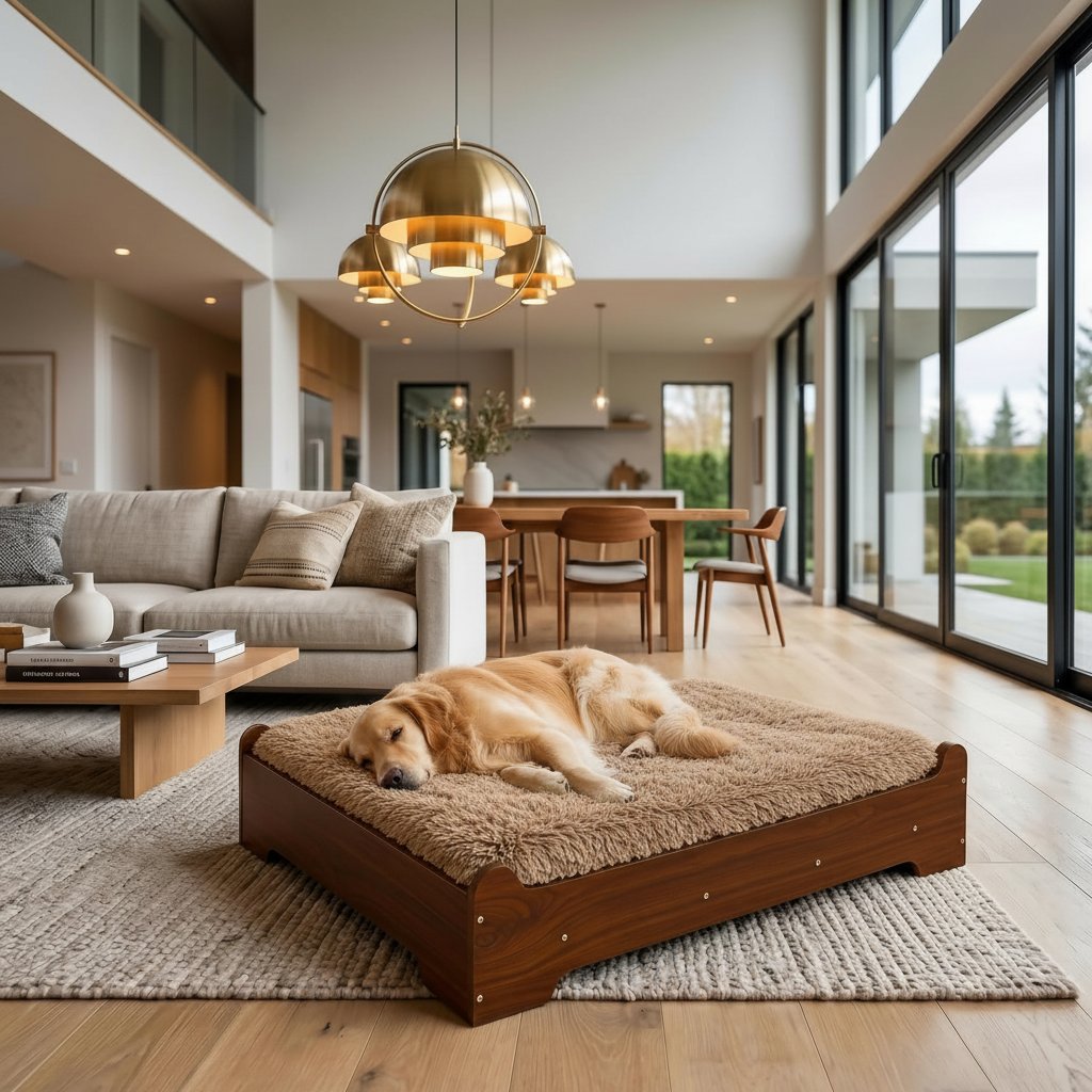 Walnut elevated wooden dog bed with memory foam mattress and washable cover, designed for large and senior dogs — view 3a