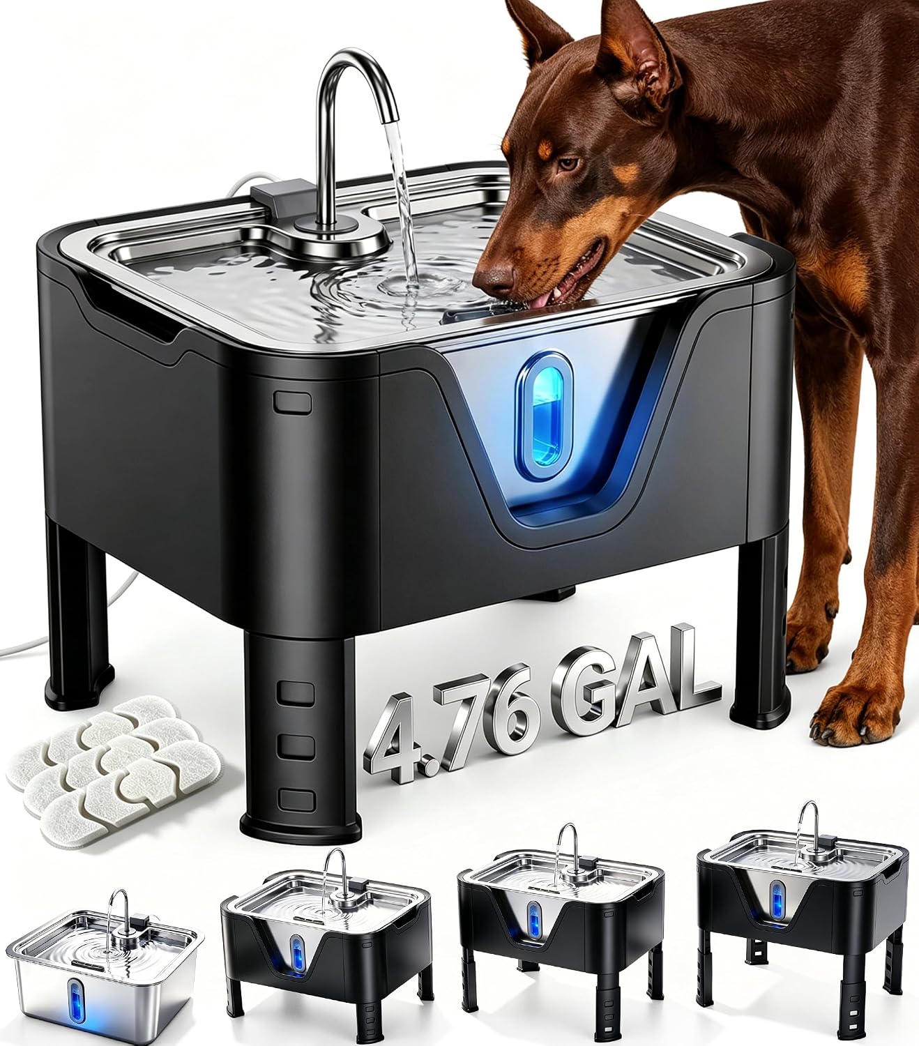 Large elevated stainless steel dog water fountain with 18L capacity and adjustable height settings for giant breed dogs — view 1