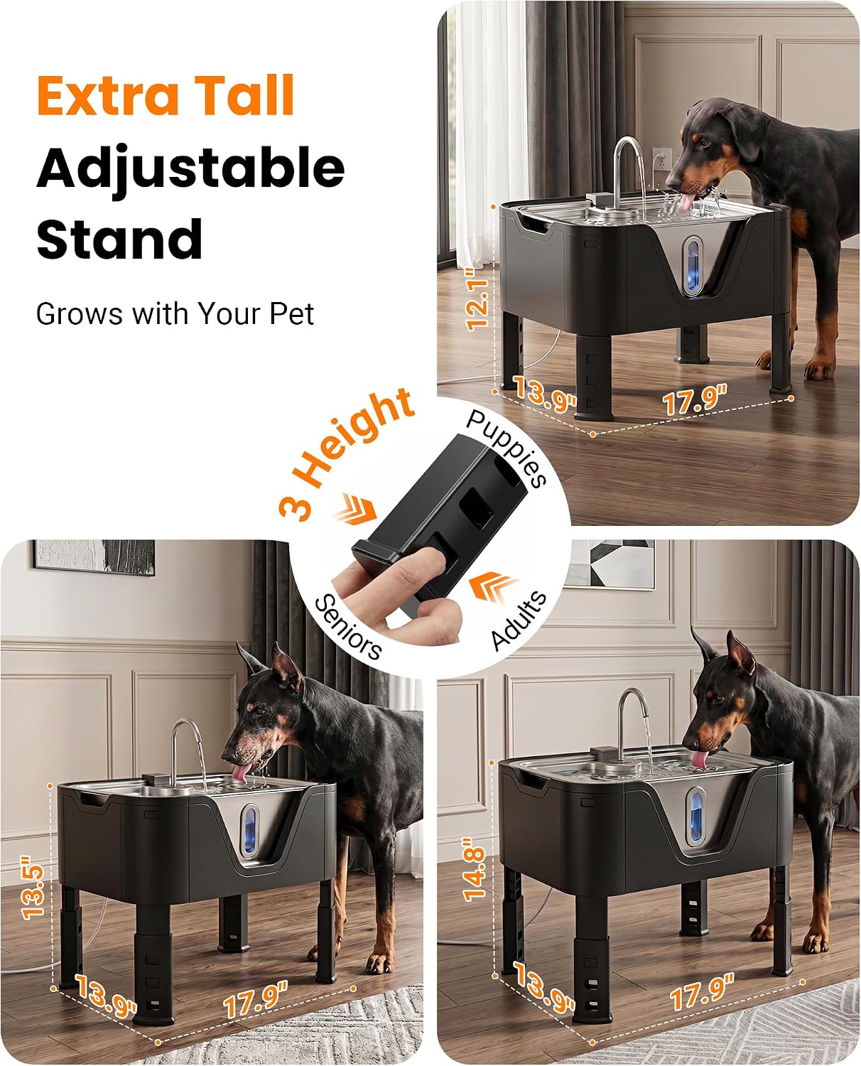 Large elevated stainless steel dog water fountain with 18L capacity and adjustable height settings for giant breed dogs — view 2