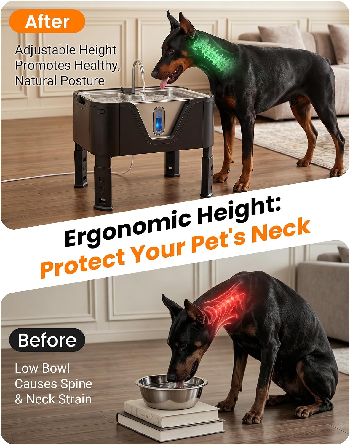 Large elevated stainless steel dog water fountain with 18L capacity and adjustable height settings for giant breed dogs — view 3