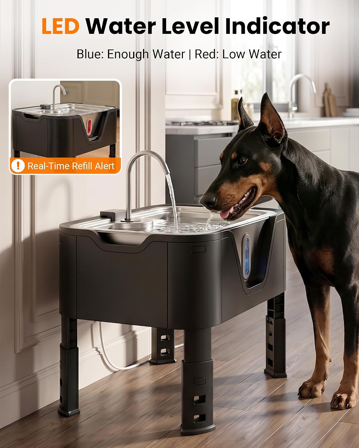 Large elevated stainless steel dog water fountain with 18L capacity and adjustable height settings for giant breed dogs — view 5