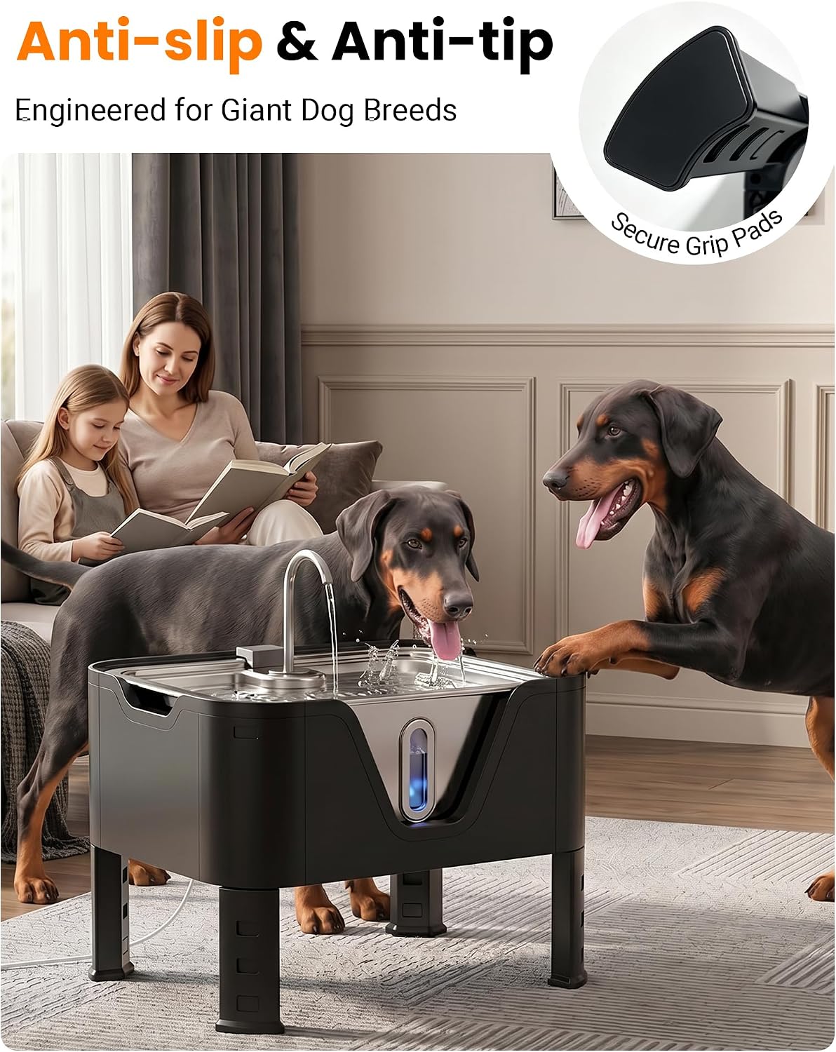 Large elevated stainless steel dog water fountain with 18L capacity and adjustable height settings for giant breed dogs — view 7a