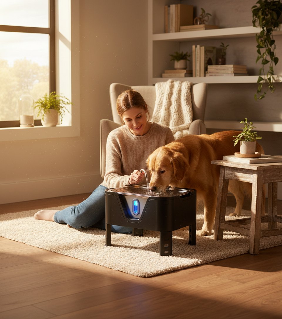 Large elevated stainless steel dog water fountain with 18L capacity and adjustable height settings for giant breed dogs — view 1