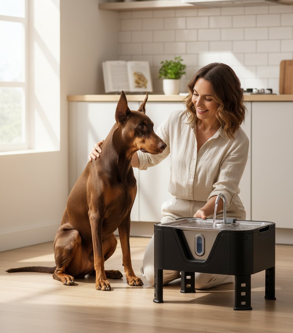 Large elevated stainless steel dog water fountain with 18L capacity and adjustable height settings for giant breed dogs — view 2